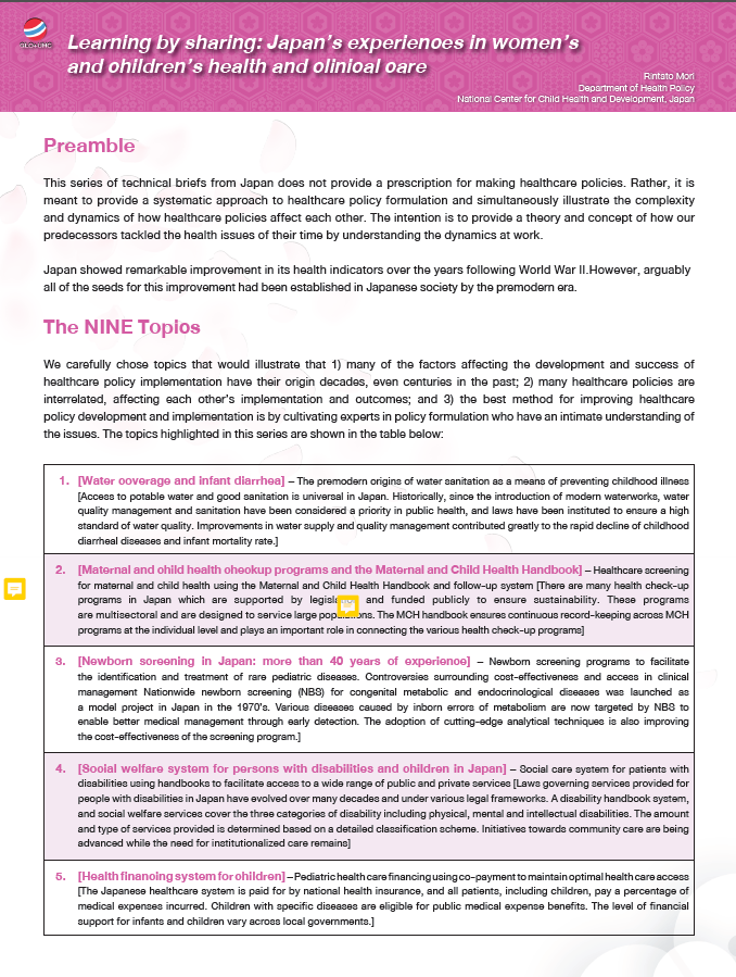 Learning by sharing: Japan’s experiences in women’s and children’s health and clinical care
